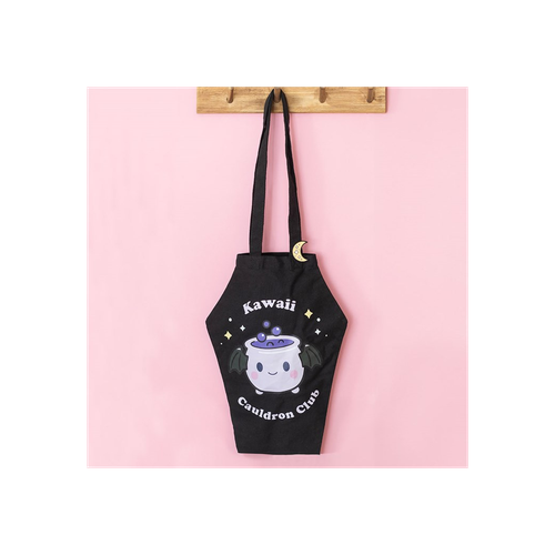 Kawaii Cauldron Club Coffin Shaped Tote Bag with Enamel Pin Badge