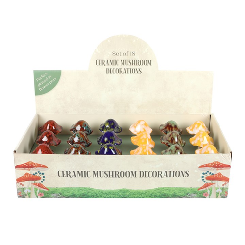 Set of 18 Ceramic Mushroom Plant Pot Decorations in Display