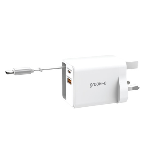 Groov-e USB-C & USB-A 45W GaN Wall Charger with Rectractable USB-C Cable- White