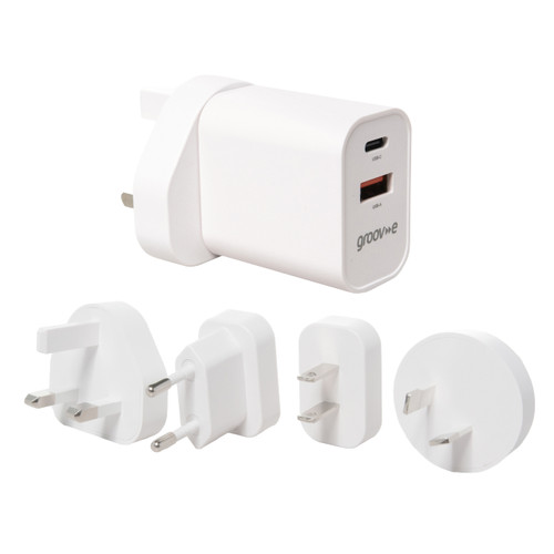 Groov-e USB-C & USB-A Mains Charger 20W with Worldwide Travel Adaptors - White