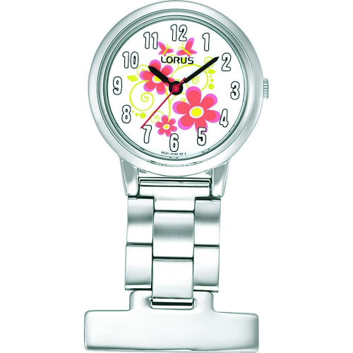 Lorus Nurses Fob Watch - Silver with Flower Pattern Dial