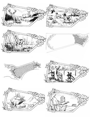 Gun stock designs, gunstock artwork, gunstock patterns,