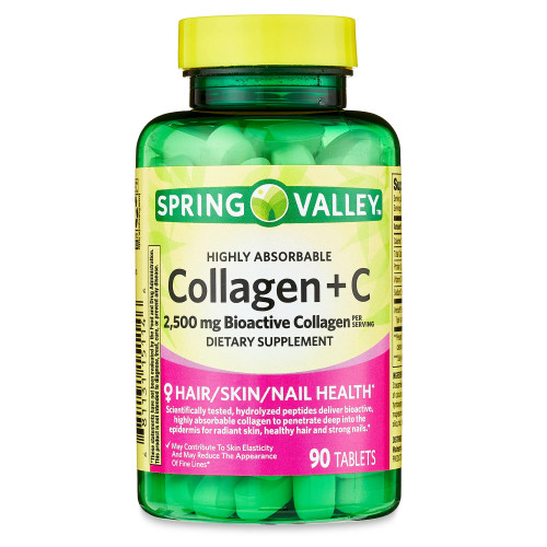 Spring Valley Colágeno, Colágeno 2500 mg + C Tabletas, Colágeno altamente absorbible, píldoras de colágeno, suplemento dietético, 90 unidades