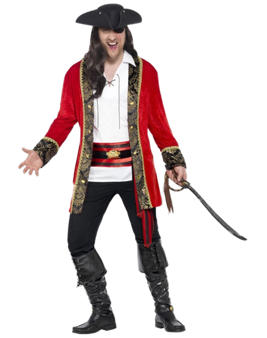 Adults Captain Hook Costume - X-Large - Red and Gold Pirate Coat, Black  Pirate Hat with Feather and Plastic Hook Hand - Adults TV/Film World Book  Day Fancy Dress Costume : 