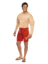 Baywatch Lifeguard Costume, Red with Muscle Chest