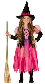 Girls Long Pink Witch Fancy Dress Costume