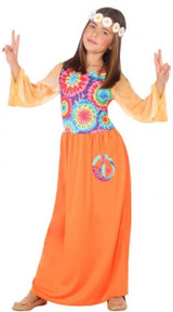 Girls Orange Hippie Fancy Dress Costume
