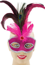 Ladies Pink Peacock Feather Masquerade Mask