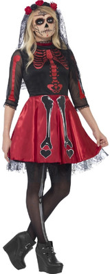Teen Girls Red Skeleton Fancy Dress Costume
