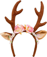 Reindeer Headband Tiara with Horns, Ears and Flowers