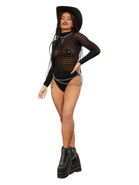 Fever Long Sleeve Striped Bodysuit, Black