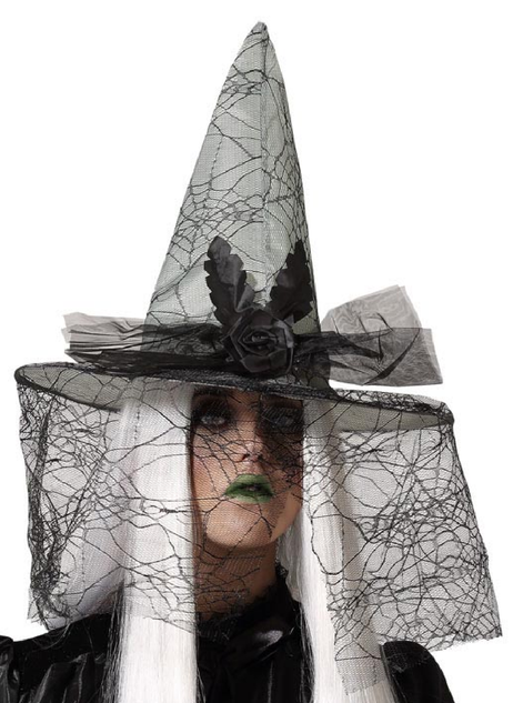 Ladies Grey Spiderweb Veil Witch Fancy Dress Hat
