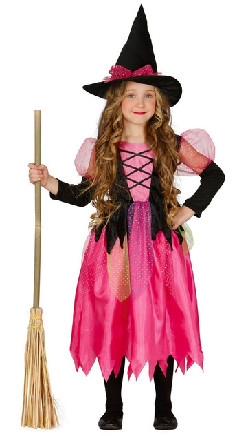 Girls Long Pink Witch Fancy Dress Costume