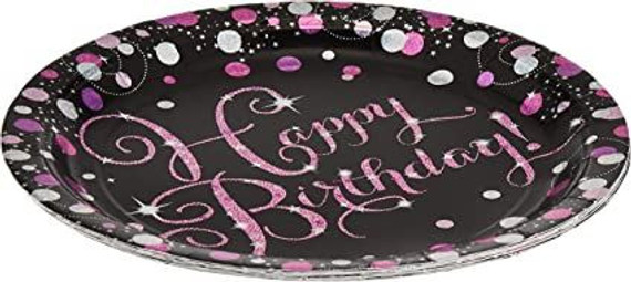 Pink Sparkling Celebration Happy Birthday Paper Party Plates - 8 Pack