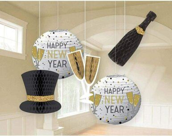 New Years Eve Party Hanging Honeycomb Decorations - 5 Pieces