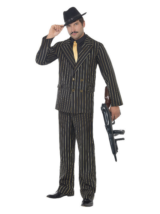 Gold Pinstripe Gangster Costume, Black