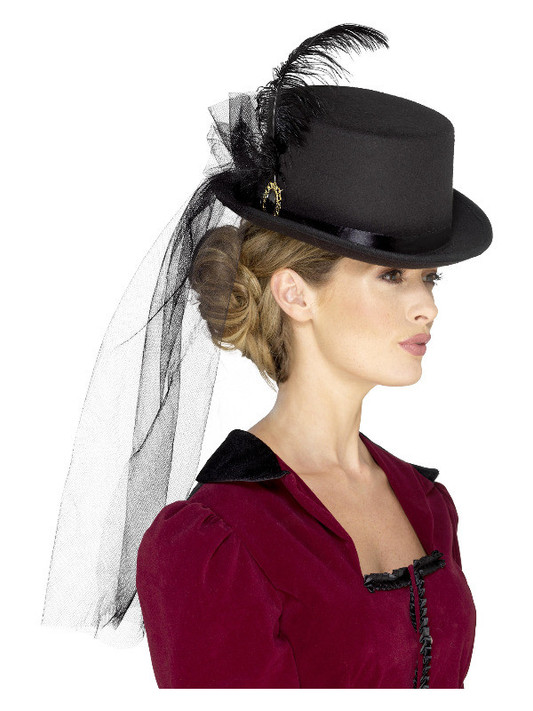 Deluxe Ladies Victorian Top Hat, with Elastic, Bla
