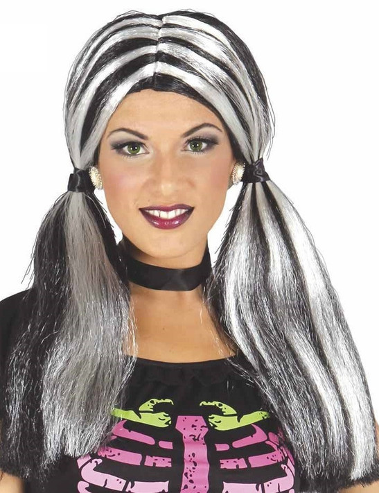 Ladies Black & Grey Streaked Pigtail Wig