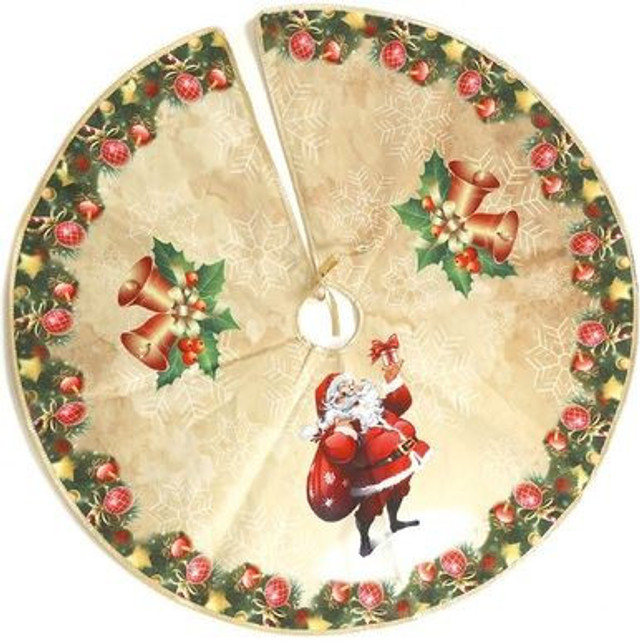Traditional Gold Santa Holly Bells Christmas Tree Skirt Decoration