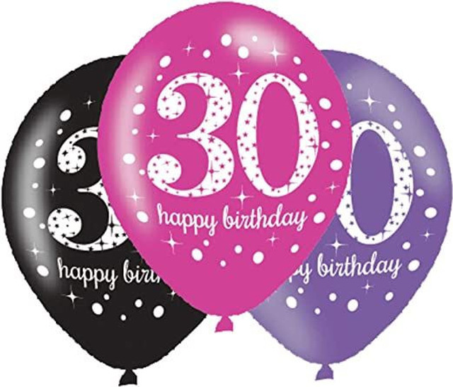 Pink Sparkling Celebration 30th Birthday 11 Inch Latex Balloons - 6 Pack