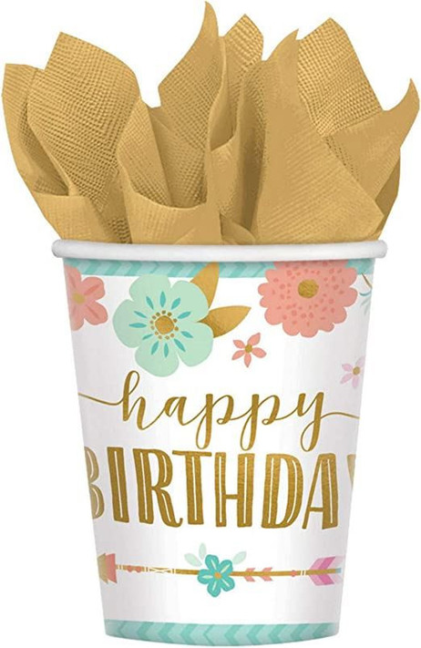 Boho Birthday Girl Paper Cups-8pcs, Multicolor, 266ml