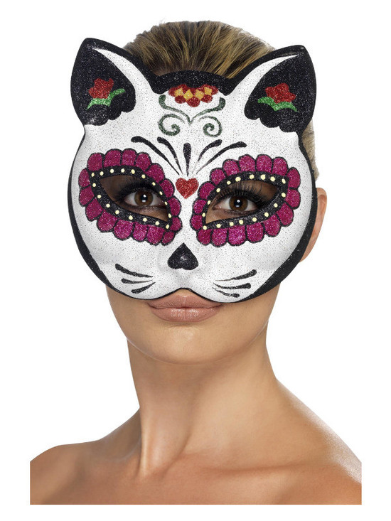 Sugar Skull Cat Glitter Eyemask, White