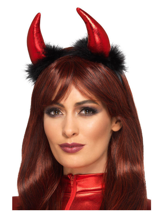 Metallic Devil Horn Headband, Red & Black