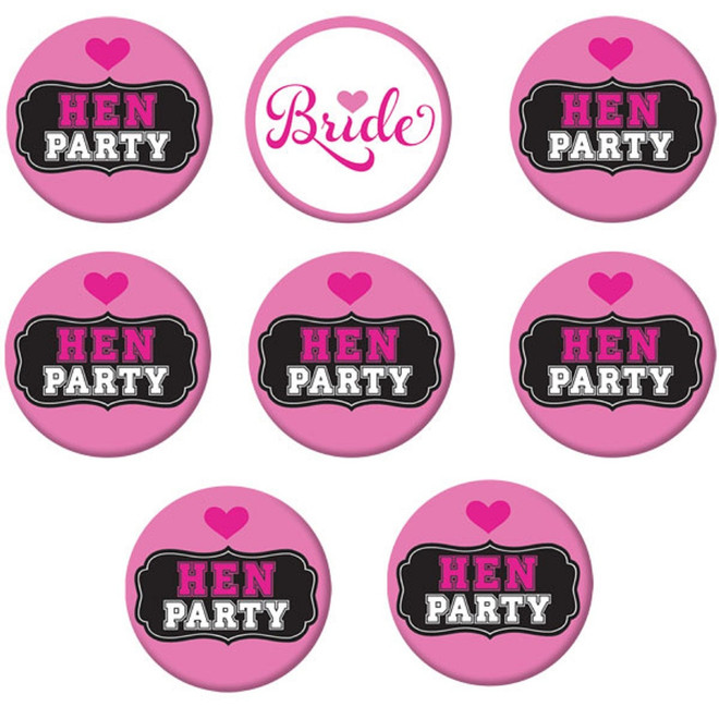 Pack Of 8 Bride & Hen Party Badges