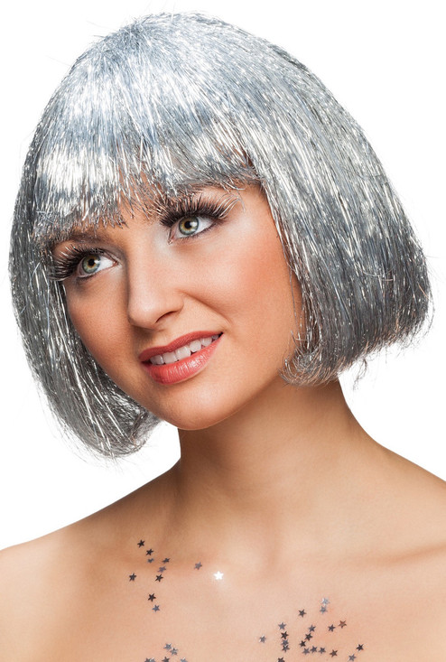 Ladies Silver Tinsel Fancy Dress Wig