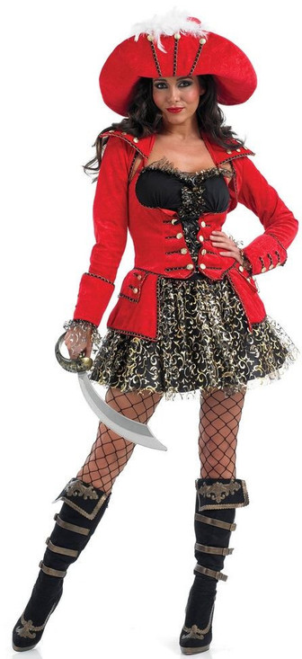 Ladies Red Glitzy Pirate Fancy Dress Costume