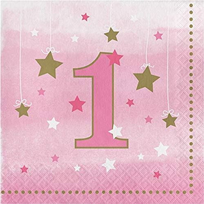 Creative Party One Little Star Girl 1st Birthday Napkins, Pink, 6.5 in, 16 ct