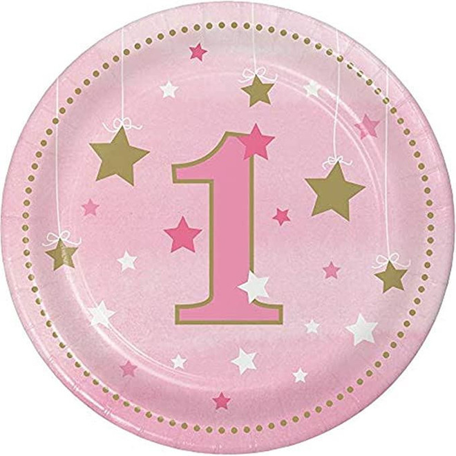 One Girl-1st Luncheon Pink Twinkle Little Star 1st Birthday Paper Lunch Plates-8 Pcs, Pink & Gold