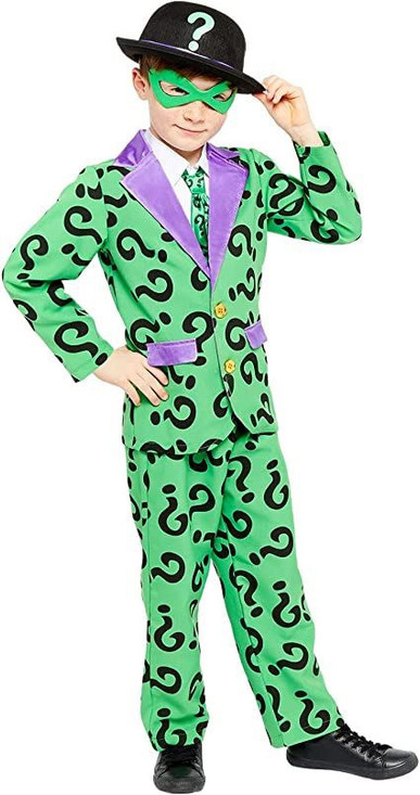 Boys Official Warner Bros DC Comics Licensed The Riddler Fancy Dress Costume