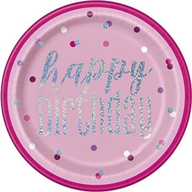 Pink Birthday Round Paper Plates-9" | Disposable | Glittery 8 Pcs