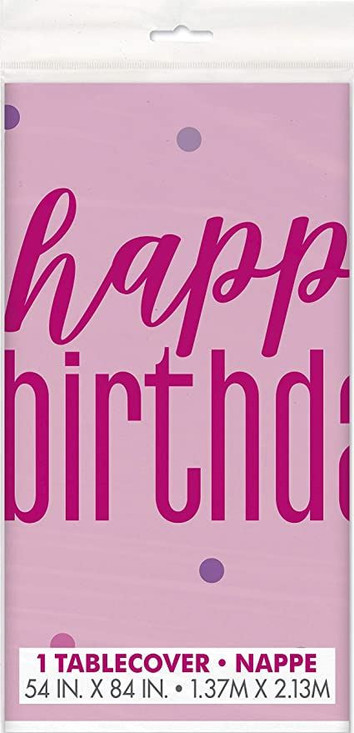 Pink Happy Birthday Plastic Table Cover-54" x 84" Silver | 1 Pc