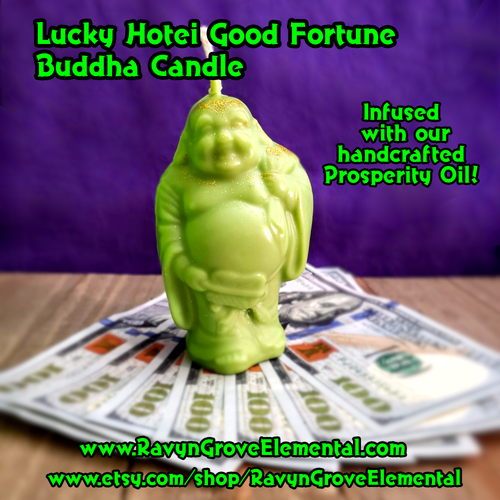 Ravyn Grove Elemental makes the Lucky Hotei Buddha Candle infused with our Prosperity Oil Blend to bring good fortune into your life!