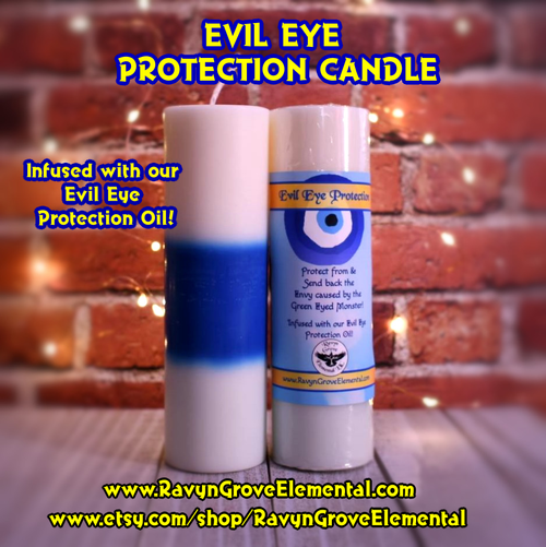 Use our Evil Eye Protection Pillar Candle to protect and send back the Envy caused by The Green Eyed Monster, a Ravyn Grove Elemental exclusive!
