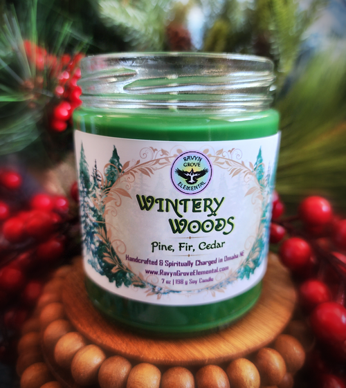 WINTERY WOODS Pine Fir Cedar Limited Release 7oz Jar Soy Candle crafted by Ravyn Grove Elemental LLC - Invoke the Magick of the Wintery Woods into your home!