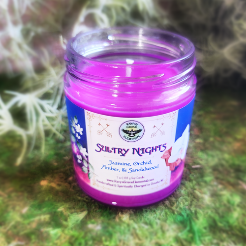 SULTRY NIGHTS Soy Candle crafted & Spiritually Charged by Ravyn Grove Elemental to Honor the Ancient Sultry Magicks! A sultry summery blend of Jasmine, Orchid, Amber, & Sandalwood.