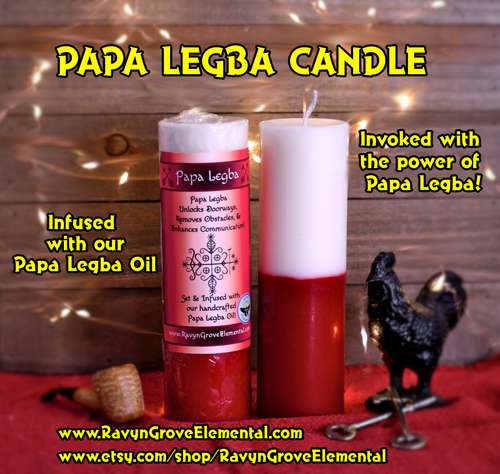 Our PAPA LEGBA PILLAR CANDLE is Invoked with the Power of Papa Legba and infused with our Papa Legba Oil to help you open the roads! Crafted by Ravyn Grove Elemental LLC.