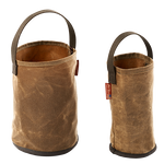 The canvas buckets are made of water resistant waxed canvas and come in two different sizes, gallon and half gallon.