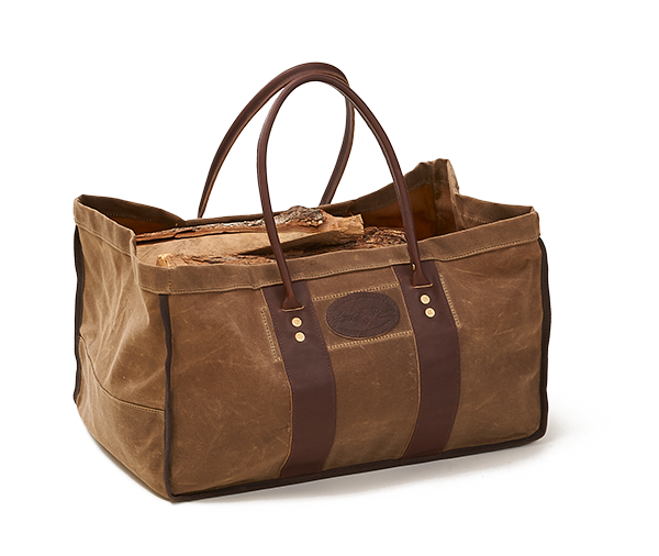 No. 605 Birchbark GDT Log Bag Waxed canvas timber hauler tote bag with rolled leather handles.