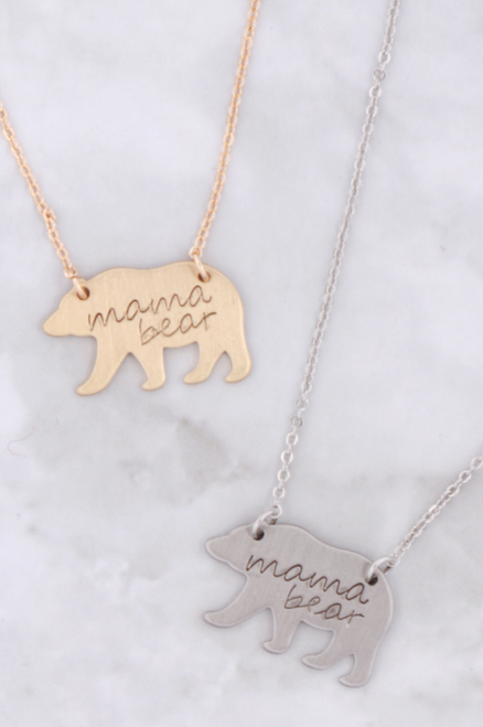 Mama Bear Matte Stamped Pendant Necklace 