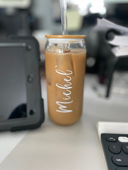 Personalized Name Glass Tumbler with Bamboo Lid and Straw