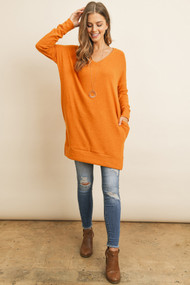 VNeck Long Sleeve Brushed Melange Super Soft Sweater with Pockets (W)
