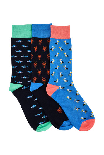 Men's Cotton Rich Calf Socks- 3 Pack- Pelican, Lobster & Shark