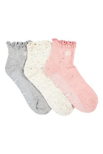 Women's Cotton Rich Quarter Crew Pilates Socks- 3 Pack - Cushion Foot, Frilled Top & Non Slip- Nep