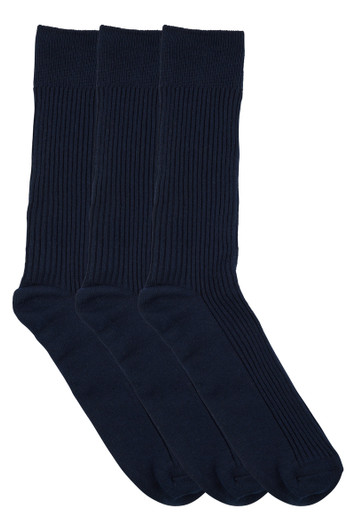 Men's Cotton Rich Dress Crew Socks- 3 Pack - 2x2 Rib - Navy