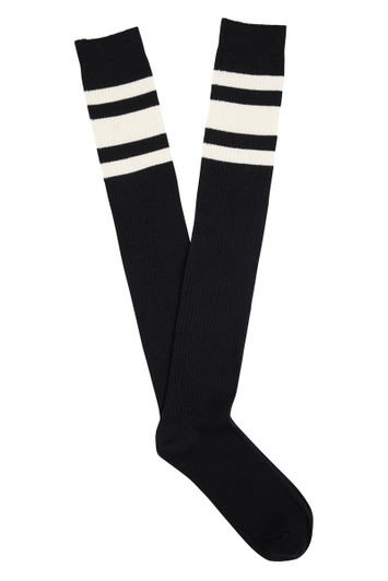 Women's Fine Cotton Over the Knee Socks- Black Stripe