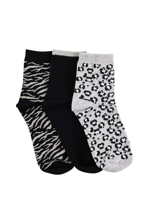 Women's Cotton Rich Quarter Socks- 3 Pack- Zebra, Texture & Leopard